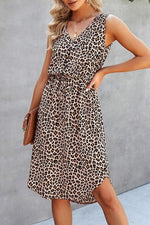 Leopard V Neck Sleeveless Button Fit Midi Dress - p3 Boutique