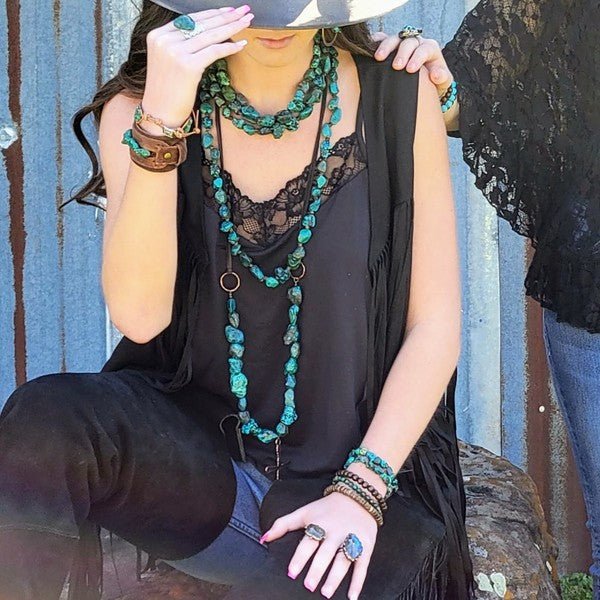 Long Natural Turquoise and Wood Layering Necklace - p3 Boutique