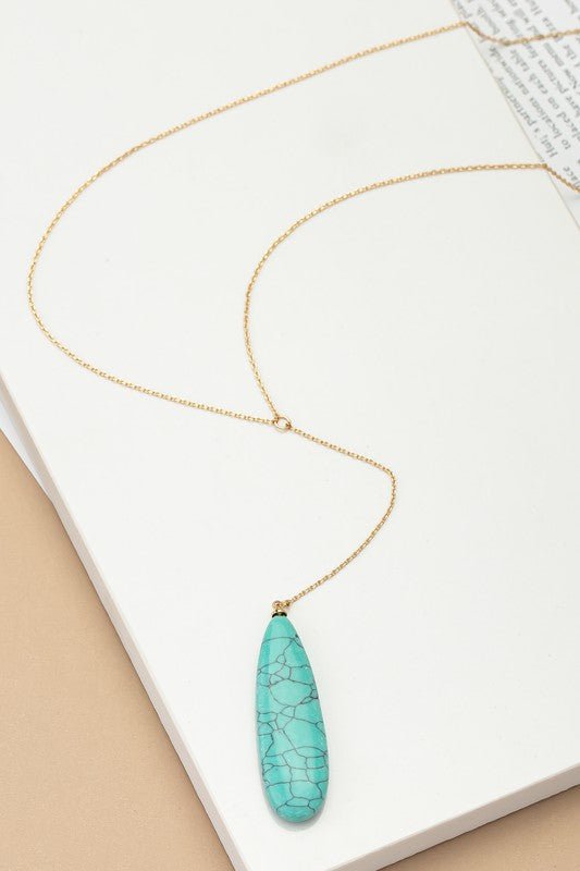 LONG OVAL NATURAL STONE PENDANT Y SHAPE NECKLACE - p3 Boutique