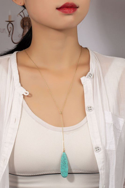 LONG OVAL NATURAL STONE PENDANT Y SHAPE NECKLACE - p3 Boutique