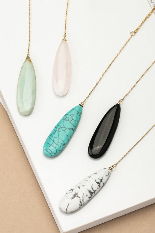 LONG OVAL NATURAL STONE PENDANT Y SHAPE NECKLACE - p3 Boutique