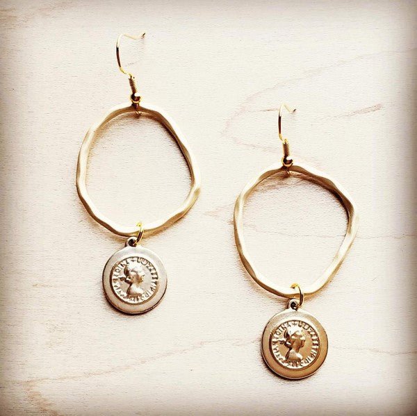 Matte Gold Hoop Earrings with Coin Dangle - p3 Boutique