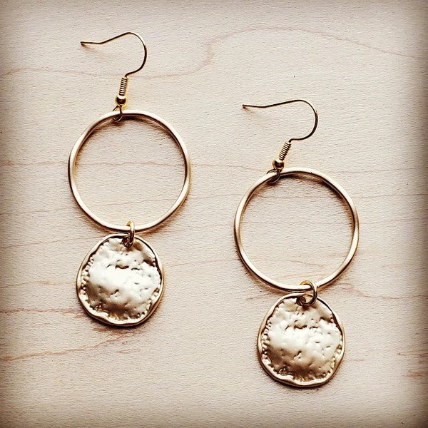 Matte Gold Hoop Earrings with Coin Dangle - p3 Boutique