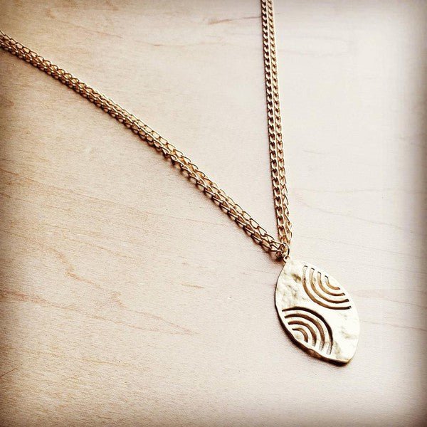 Matte Gold Long Necklace w/ Oval Pendant - p3 Boutique