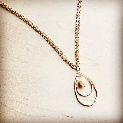 Matte Gold Necklace w/ Double Hoop Pearl Pendant - p3 Boutique