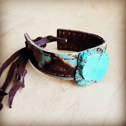 Narrow Leather Cuff w/ Turquoise Slab - Santa Fe - p3 Boutique