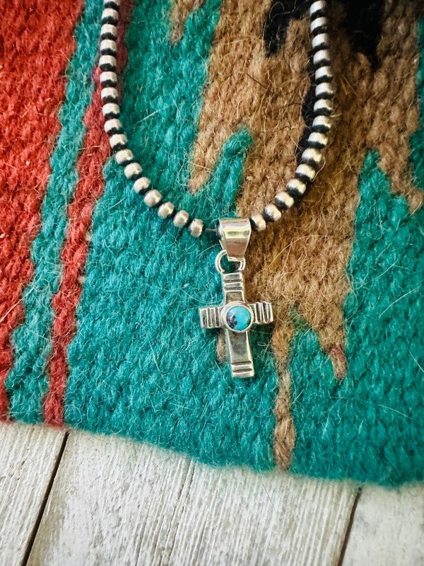 Navajo Turquoise & Sterling Silver Mini Cross Pend - p3 Boutique