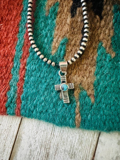 Navajo Turquoise & Sterling Silver Mini Cross Pend - p3 Boutique