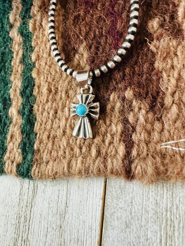 Navajo Turquoise & Sterling Silver Mini Cross Pend - p3 Boutique