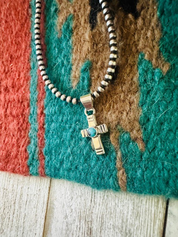 Navajo Turquoise & Sterling Silver Mini Cross Pend - p3 Boutique