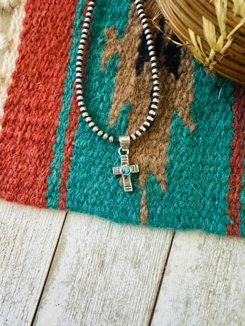 Navajo Turquoise & Sterling Silver Mini Cross Pend - p3 Boutique