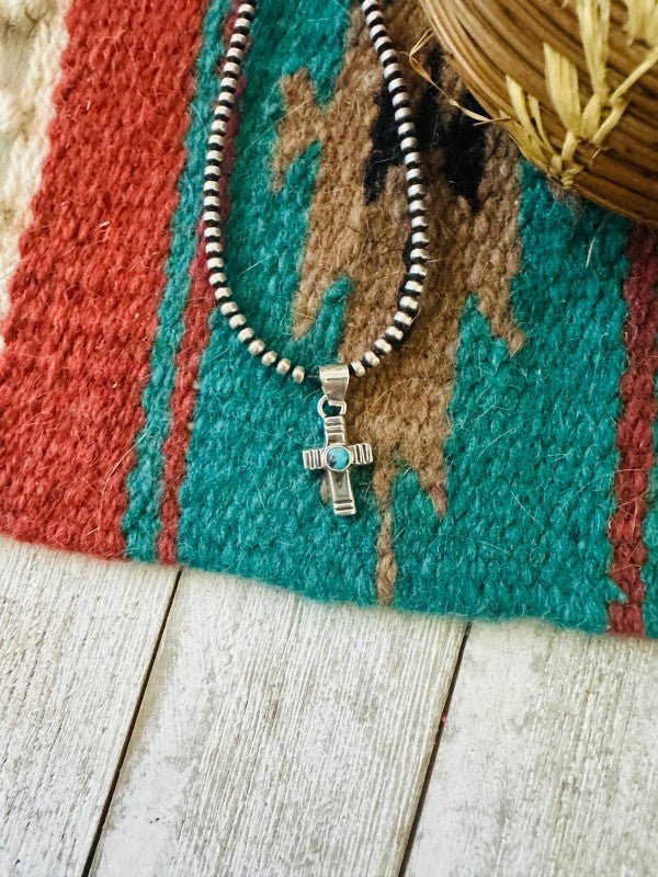 Navajo Turquoise & Sterling Silver Mini Cross Pend - p3 Boutique