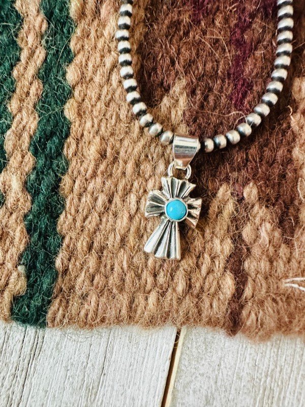 Navajo Turquoise & Sterling Silver Mini Cross Pend - p3 Boutique