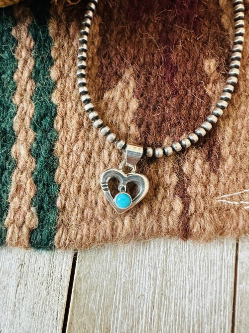 Navajo Turquoise & Sterling Silver Mini Heart Pend - p3 Boutique