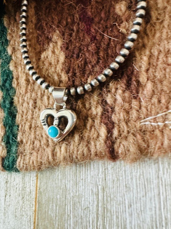 Navajo Turquoise & Sterling Silver Mini Heart Pend - p3 Boutique