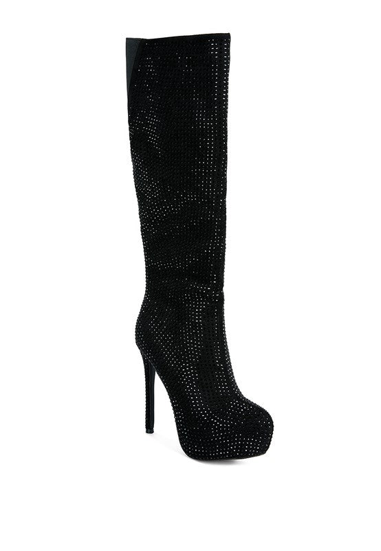 Nebula Rhinestone Embellished Stiletto Calf Boots - p3 Boutique