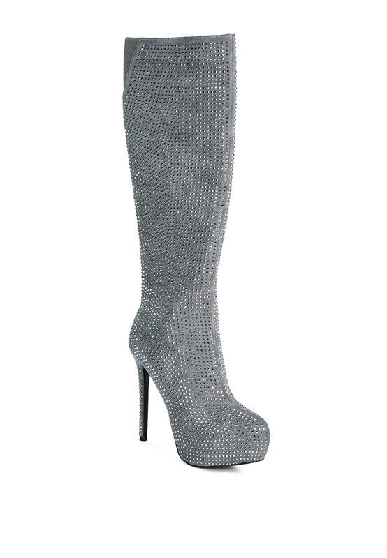 Nebula Rhinestone Embellished Stiletto Calf Boots - p3 Boutique