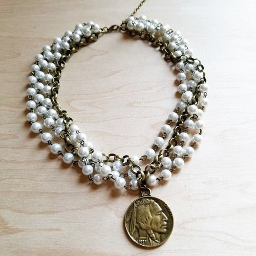 Pearl and Antique Collar Necklace with Indian Coin - p3 Boutique