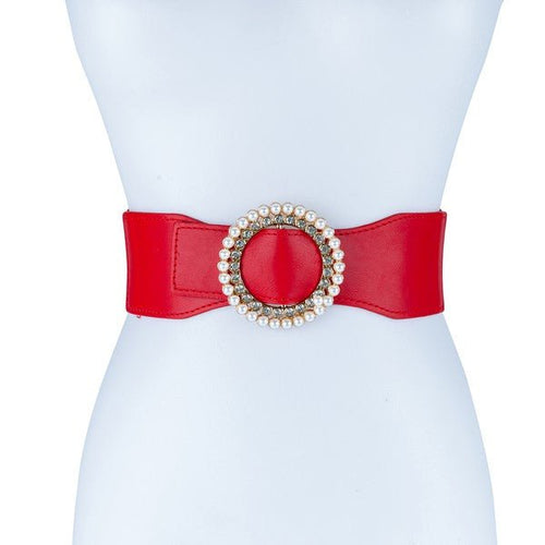 PEARL AND RHINESTONE ROUND BUCKLE BELT - p3 Boutique