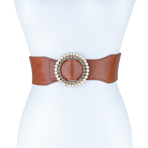 PEARL AND RHINESTONE ROUND BUCKLE BELT - p3 Boutique