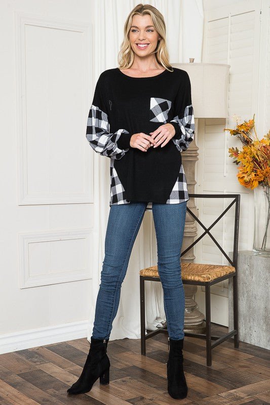 Plaid Contrast Bell Sleeve Sweater Knit - p3 Boutique