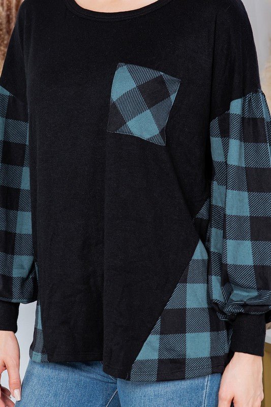 Plaid Contrast Bell Sleeve Sweater Knit - p3 Boutique