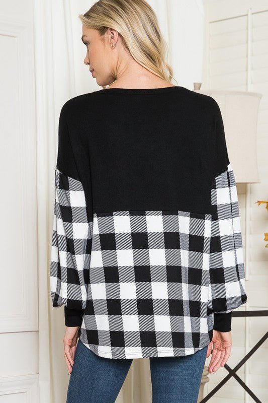Plaid Contrast Bell Sleeve Sweater Knit - p3 Boutique