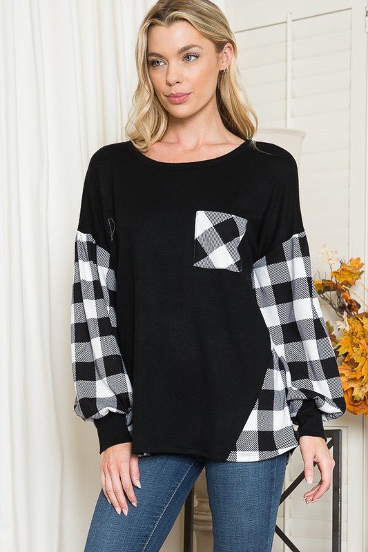 Plaid Contrast Bell Sleeve Sweater Knit - p3 Boutique