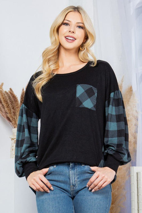 Plaid Contrast Bell Sleeve Sweater Knit - p3 Boutique