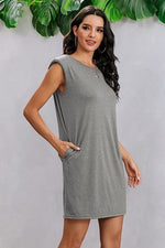 Round Neck Solid Sleeveless Shirt Dress - p3 Boutique