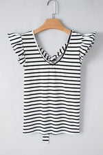 Stripe Butterfly Sleeve V Neck Knot Back T Shirt - p3 Boutique