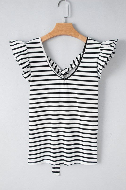 Stripe Butterfly Sleeve V Neck Knot Back T Shirt - p3 Boutique