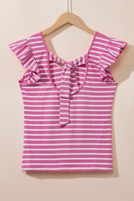 Stripe Butterfly Sleeve V Neck Knot Back T Shirt - p3 Boutique