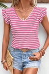 Stripe Butterfly Sleeve V Neck Knot Back T Shirt - p3 Boutique
