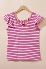 Stripe Butterfly Sleeve V Neck Knot Back T Shirt - p3 Boutique