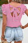 Stripe Butterfly Sleeve V Neck Knot Back T Shirt - p3 Boutique
