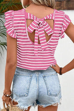 Stripe Butterfly Sleeve V Neck Knot Back T Shirt - p3 Boutique