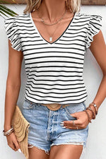 Stripe Butterfly Sleeve V Neck Knot Back T Shirt - p3 Boutique