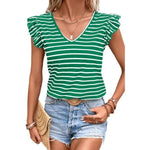 Stripe Butterfly Sleeve V Neck Knot Back T Shirt - p3 Boutique