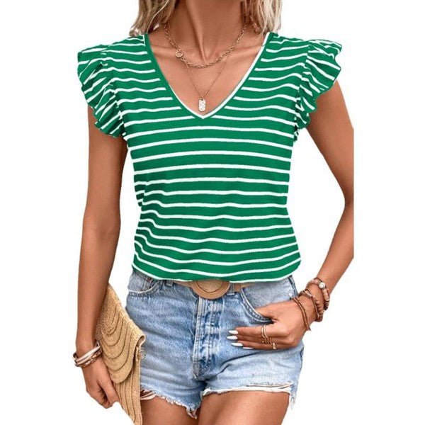 Stripe Butterfly Sleeve V Neck Knot Back T Shirt - p3 Boutique