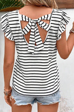 Stripe Butterfly Sleeve V Neck Knot Back T Shirt - p3 Boutique