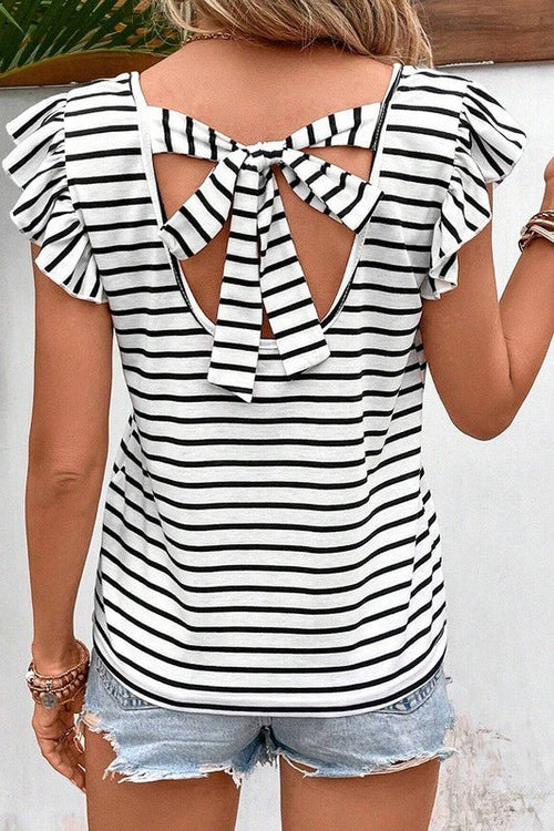 Stripe Butterfly Sleeve V Neck Knot Back T Shirt - p3 Boutique