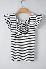 Stripe Butterfly Sleeve V Neck Knot Back T Shirt - p3 Boutique