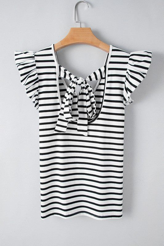 Stripe Butterfly Sleeve V Neck Knot Back T Shirt - p3 Boutique