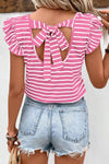 Stripe Butterfly Sleeve V Neck Knot Back T Shirt - p3 Boutique