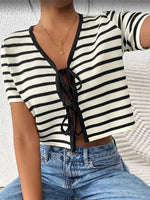 Striped Cropped Knit Top with Lace - Up Front - p3 Boutique