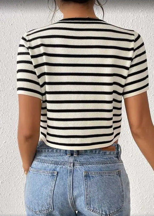 Striped Cropped Knit Top with Lace - Up Front - p3 Boutique