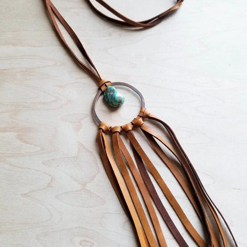Tan Leather Dream Catcher with Turquoise Chunk - p3 Boutique