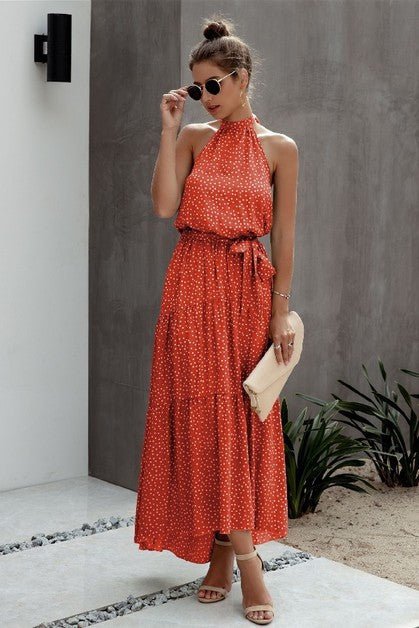 Tie Back Polka Dot Ruffle Hem Halter Dress - p3 Boutique