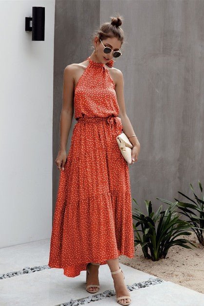 Tie Back Polka Dot Ruffle Hem Halter Dress - p3 Boutique